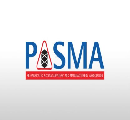 PASMA qualified Blue and red on white PASMA logo representative of the qualifications held which are required when managing & building mobile access towers