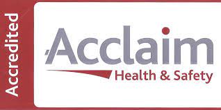 We are Acclaim Accredited Grey and Red Acclain health and Safety logo