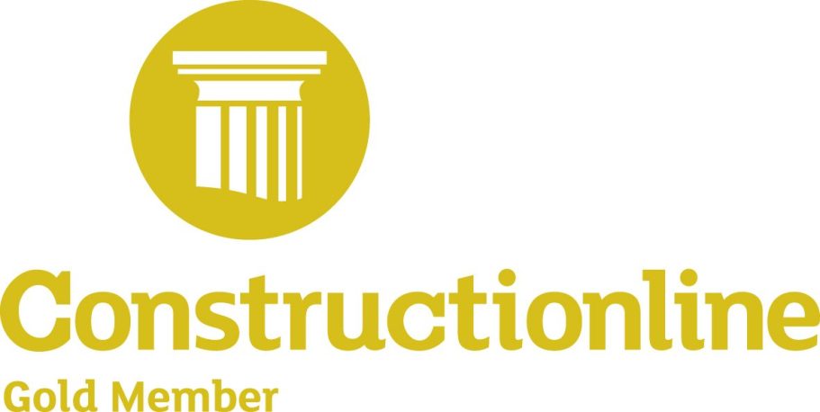 Constructionline Gold Accredited Logo conprising golden pillar and writing