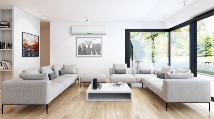 High wall split system Contemporary sitting area featuring sleek white high wall indoor air conditioning unit