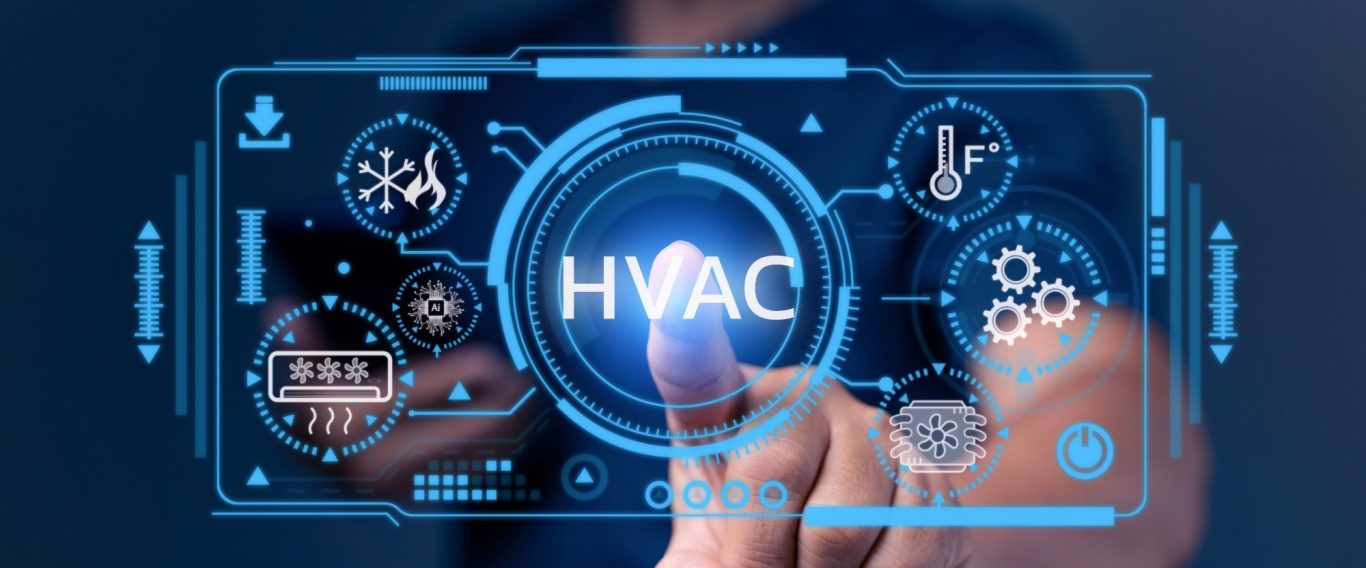 Current career opportunities A hand interacting with a digital interface labelled "HVAC" and various heating and cooling control icons.
