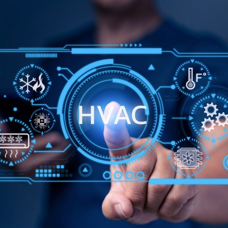 Austin V. Person interacting with a digital interface displaying HVAC controls and data.